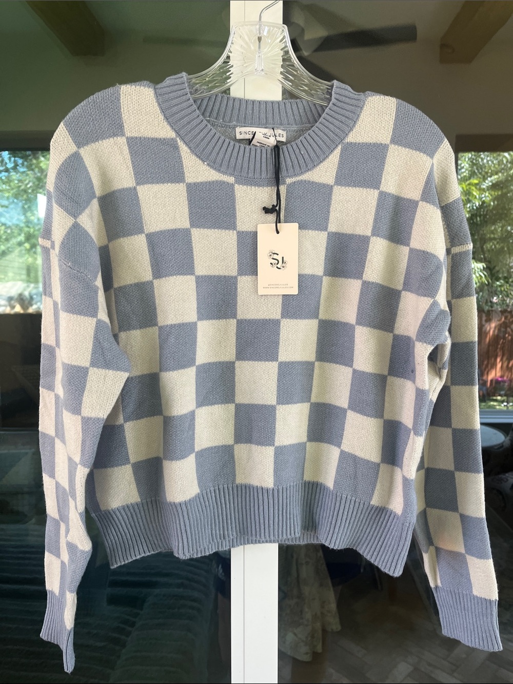 Sincerely Jules NWT Sweater Small Blue Cream Checkerboard Crewneck